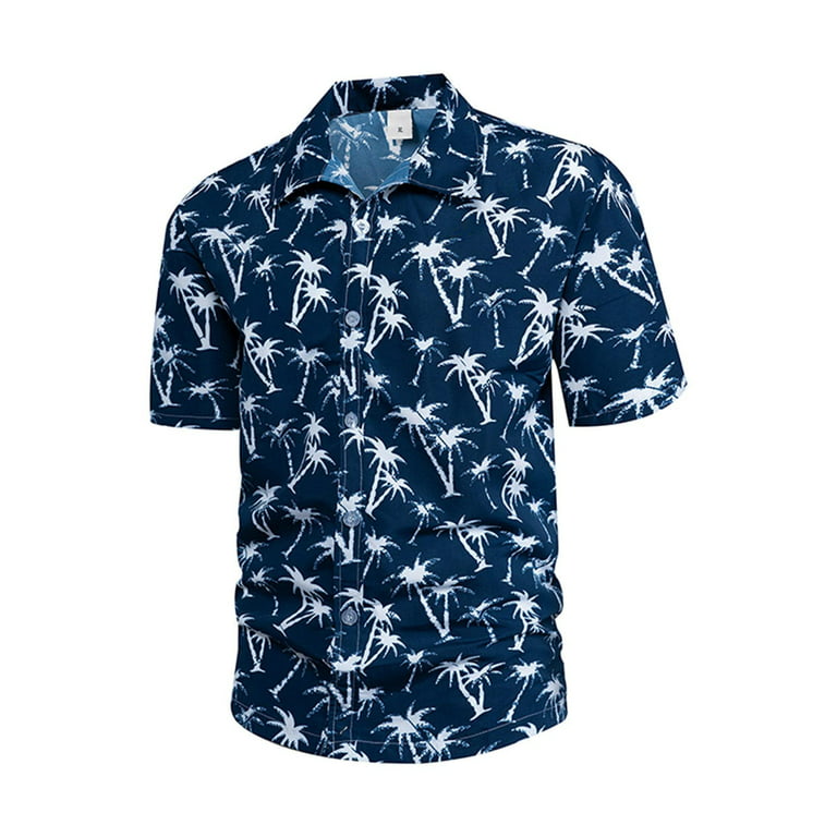Zcfzjw Mens 100% Cotton Hawaiian Shirts Big and Tall Button Down Short Sleeve Beach Shirts Summer Casual Tropical Print Aloha Holiday Shirts Z03-Blue