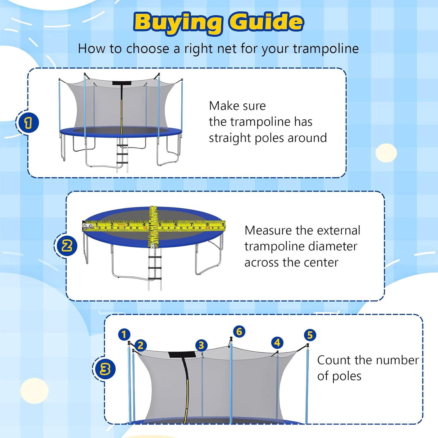 YounGG Trampoline Net, Trampoline Enclosure for 8 10 12 14 15 16Ft Round Trampoline with Double-Headed Zippers & Buckles, Weather-Resistant Sun-Protective Trampoline Replacement Net