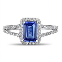 Split Shank Halo Art Deco 2 Carat Emerald Cut Blue Sapphire Moissanite Diamond Engagement Ring For Women In 10K White Gold, Promise Ring, Anniversary Ring