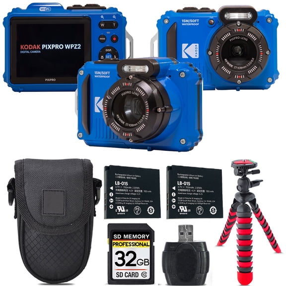 Kodak PIXPRO WPZ2 Digital Camera (Blue)   Extra Battery  Tripod   Case -32GB Kit