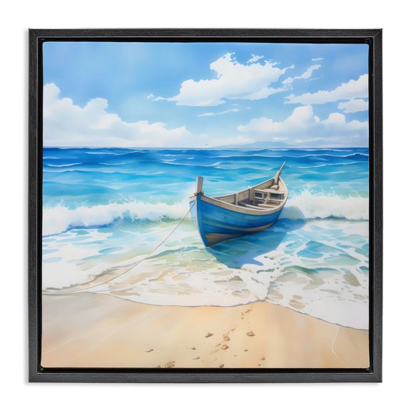 Stupell Industries Transitional Beach Boat Tied on Shore Black Floating Frame Canvas Art, 18 x 18, by LSR Design Studio