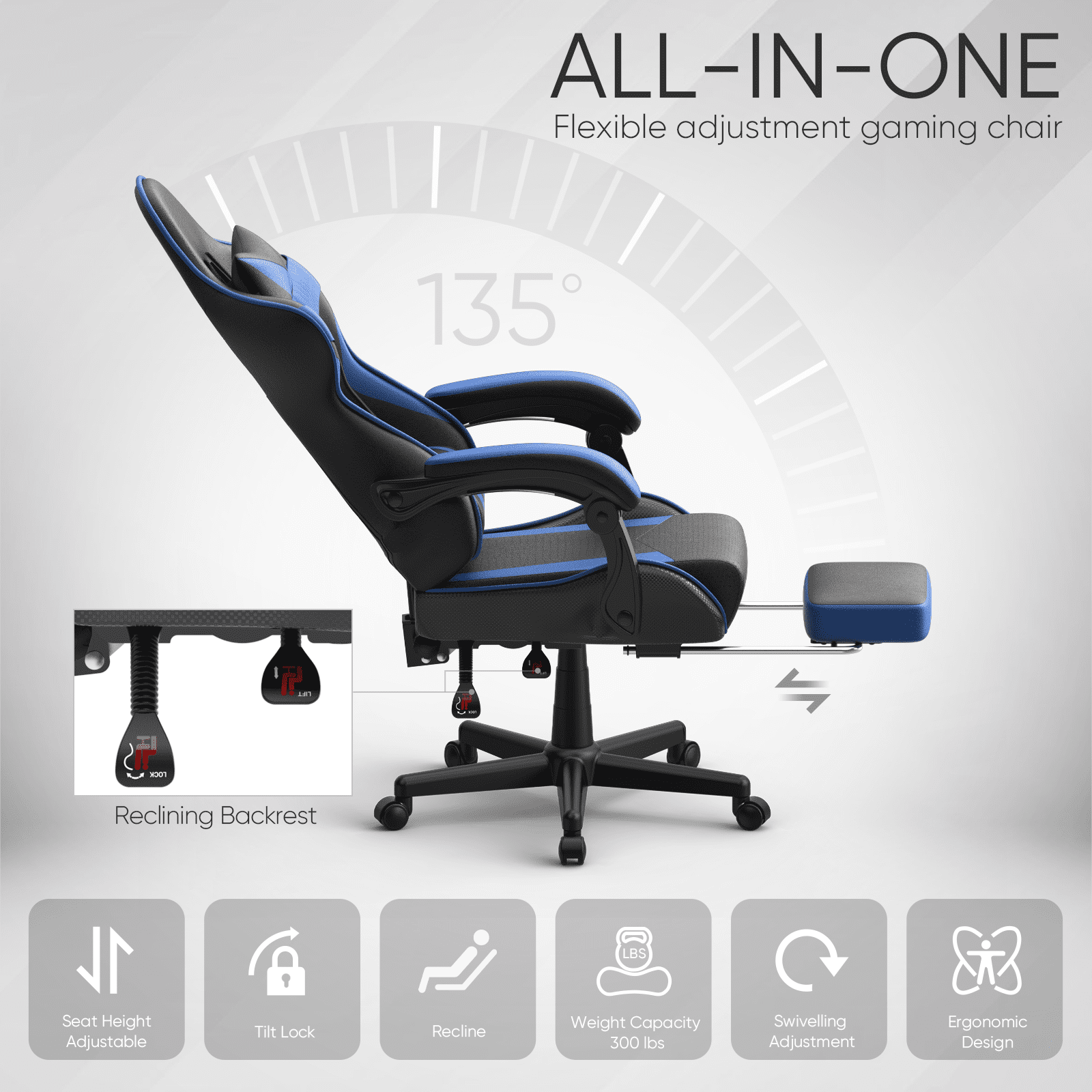 Huracan Gaming Chair with Footrest, Adjustable Height Computer Office Chair with Massage Lumbar Pillow&Headrest, Ergonomic High Back Leather Gamer Game Desk Chair for Adults,Blue