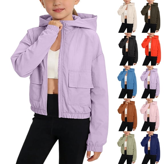 HAOTAGS Girls Athletic Jackets,Lightweight UPF 30  Sun Protection Hooded Long Sleeve Spring Summer Jacket Purple 10 T
