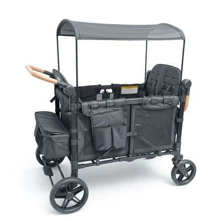 Collapsible Wagon with Canopy, 4 Seater Wagon Stroller for Kids, Sturdy Push Wagon with Iron Frame, Adjustable Handle, Foot Brake & Soft Cushioned Seats for Grocery Shopping and Camping