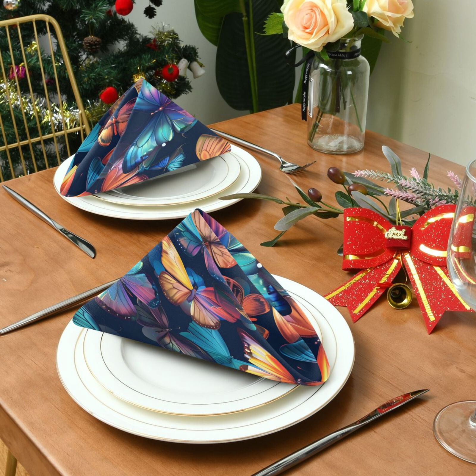 JSTEL Butterflies Colorful Cloth Napkins Set of 6, 20x20 Inch Washable and Reusable Napkin for Decoupage Dinner Party Everyday Use