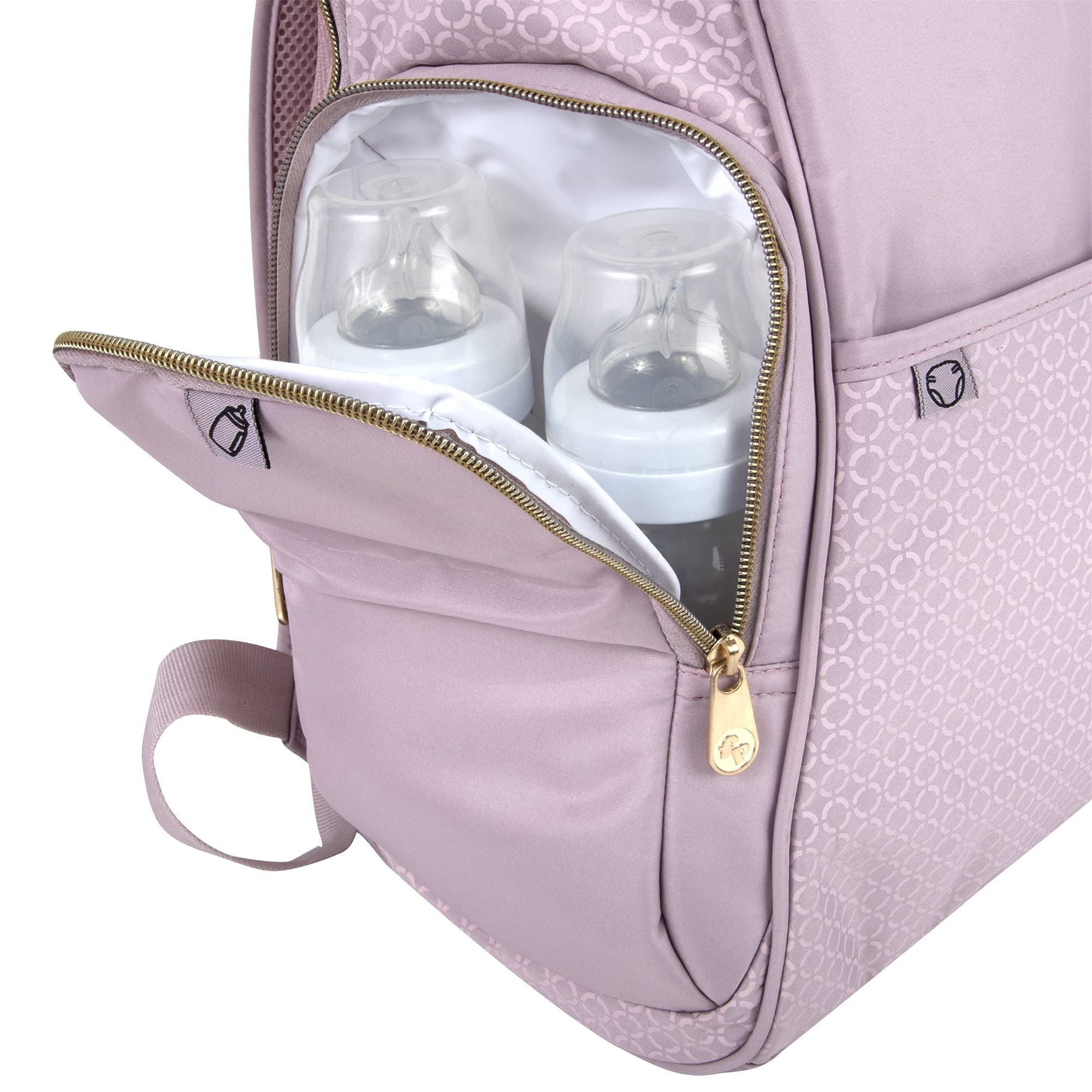 Fisher-Price 15"L 3 Piece Fastfinder Gemma Fashion Diaper Bag Backpack with Matching Changing Pad, Insulated Bottle Pocket and Baby Wipes Dispenser for Newborns, Infants and Toddlers in Pink