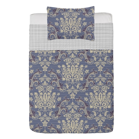 Vintage Reversible Bedspread Set, Floral Retro Style Blossoming Pattern Leafs Spiraling Entangled Design of Artwork, Pillow Shams & Comforter Microfiber Bedding Set, 3 Sizes, Dark Ceil, by Ambesonne