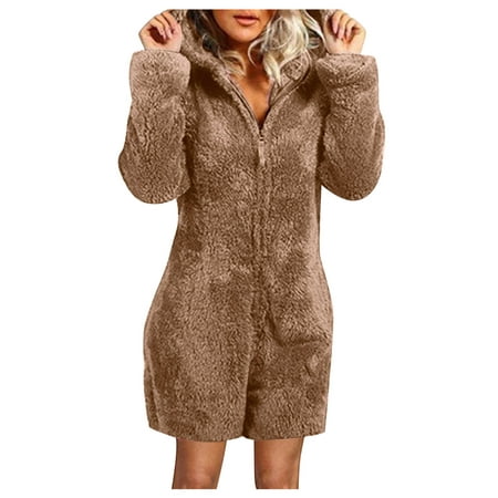 

OGLCCG Plush Jumpsuit for Women Fall Winter Fuzzy Fleece Sherpa Onesie Pajamas Zipper Hooded Romper Shorts Sleepwear Playsuit