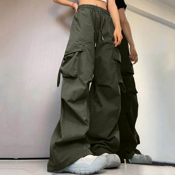 Xdegoge Women's Cargo Pants Summer High Waisted Wide Leg Trousers with Big Pockets Loose Baggy Streetwear Casual Lightweight Parachute Pants