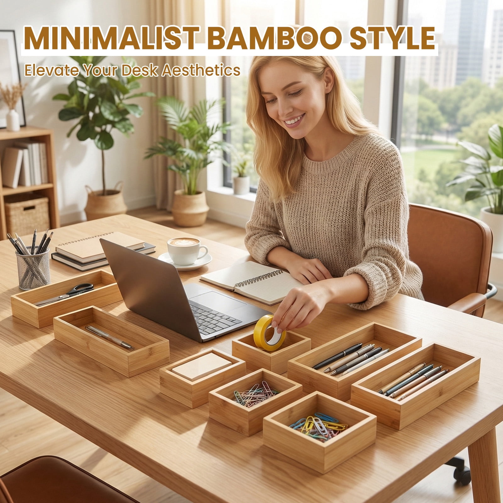 8-Piece Bamboo Drawer Organizer Set, 15x18 inch Wooden Storage Trays for Kitchen, Office & Vanity, Stackable & Expandable Drawer Dividers for Utensils, Jewelry, Makeup & Accessories