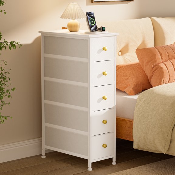 Compact Dresser Storage Unit with 5 Drawers, Slender Chest of Drawers Featuring Steel Frame, Wooden Top, Golden Handles, White Bedroom, Bathroom, Limited Space, Laundry Room, Closet Organizer, White