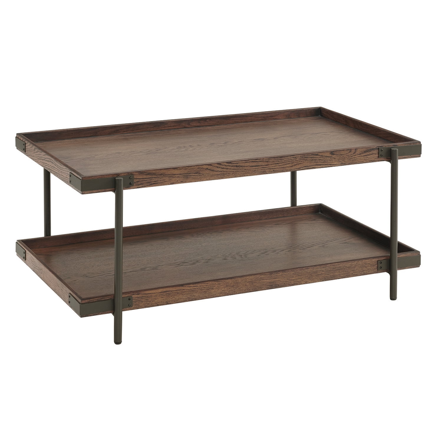 Bolton Furniture Kyra 5-Piece Oak and Metal Living Room Set with 42"L Coffee Table, Two Side Tables, Sofa/TV Console and Bar Cart