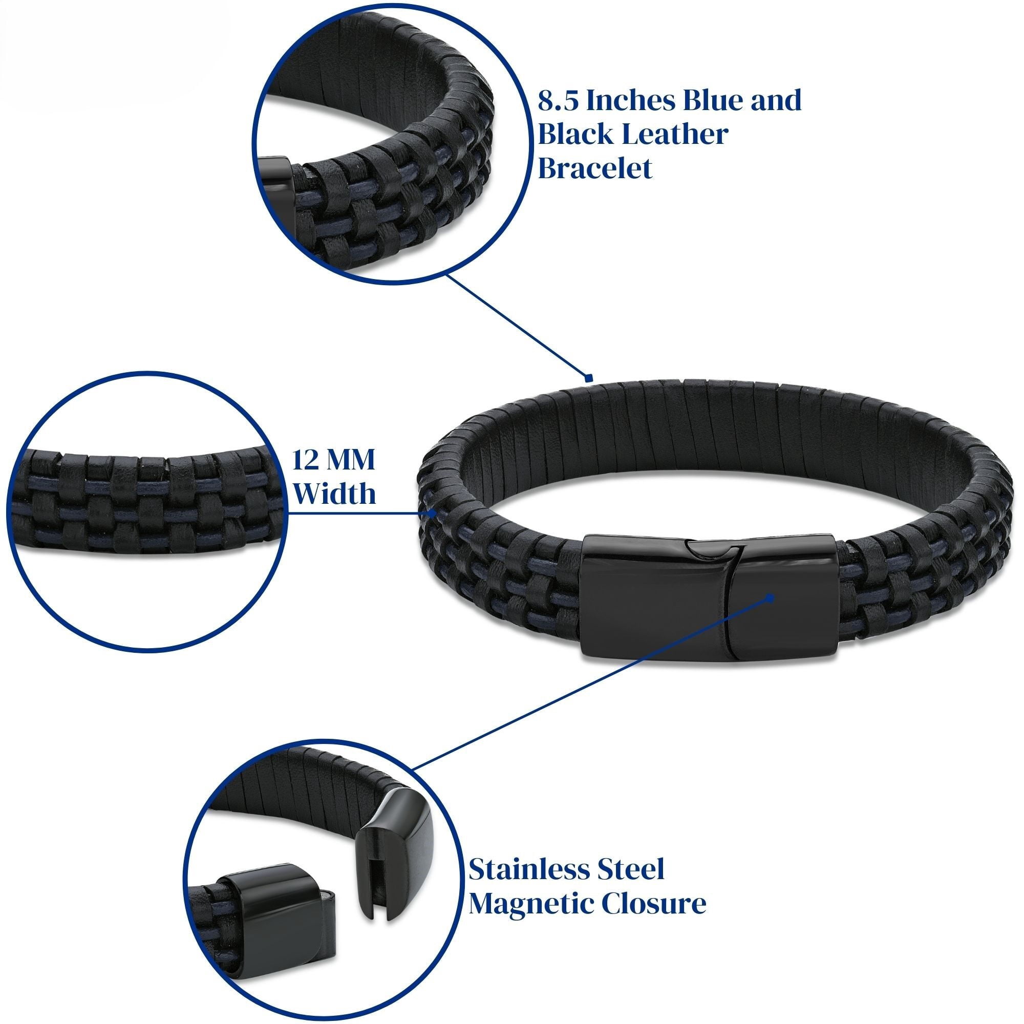 Metro Jewelry Men's Stainless Steel Black Genuine Leather Bracelet with Black Ion Plating and Magnetic Clasp - 8.5 Inches Long