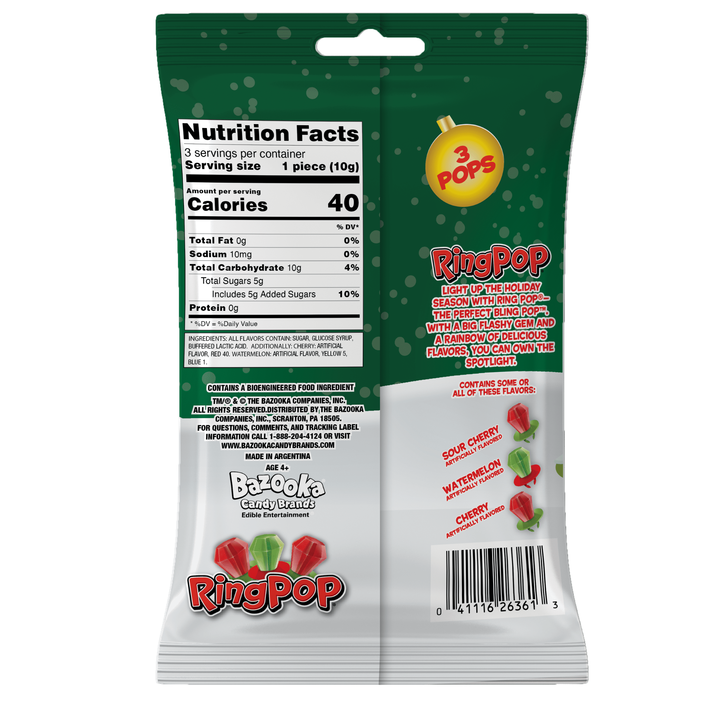 (3 pack) Ring Pop, Holiday Lollipops, Sour Cherry, Watermelon, and Cherry Flavored , Sucker Candy, 1.0 oz, Bag