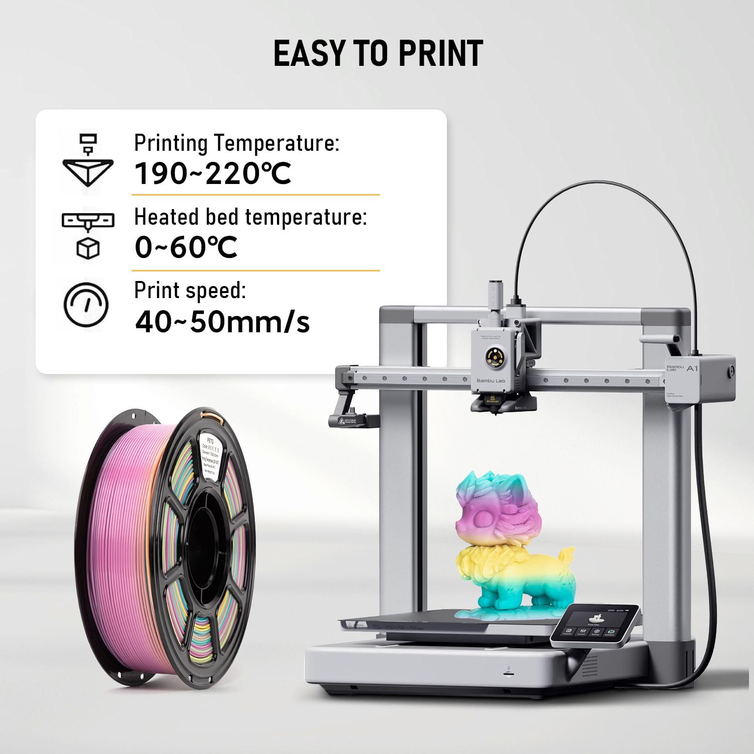 Brakzilon Rainbow PETG Filament 1.75mm Multicolor 3D Printer Filament Color Change Gradient FDM Filament 1kg Spool for DIY Printing