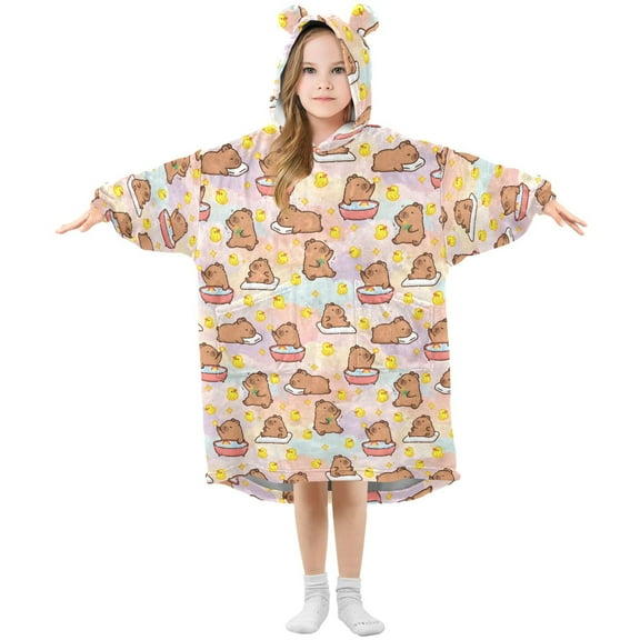 Wearable Blanket Hoodie for Kids Capybara Duck Flannel Hooded Blanket with Pockets and Sleeves Suitable for Boys and Girls