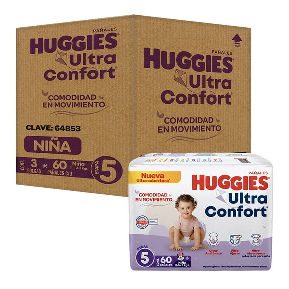 Pañal Desechable Huggies Ultraconfort Etapa 5 Niña (60 x 3) 180pz