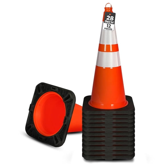 28 Inch PVC Traffic Safety Cones – Set of 12 High Visibility Orange Cones, Durable and Structurally Stable Design for Road Safety, Parking Control, Construction, and Event Management