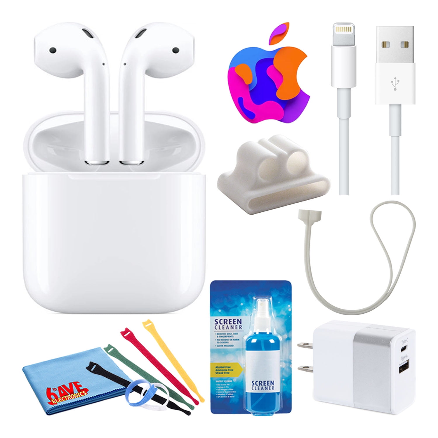 Apple AirPods Wireless Charging Case (2nd Gen) (MRXJ2AM/A) Bundle Cable Ties + (2) USB Chargers + Cleaning Kit - Walmart.com