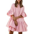 thumbnail image 1 of Vestido con cintura elástica y lazo delantero para mujer - Cuello en V, manga larga, estampado floral y volantes en capas, mini, 1 of 2