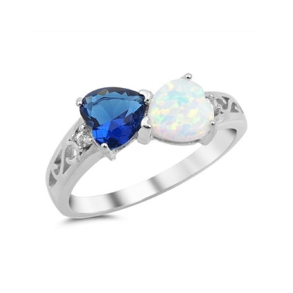 Swirl Two Infinity Hearts White Simulated Opal Blue Simulated Sapphire Cubic Zirconia Ring Sterling Silver Size 10