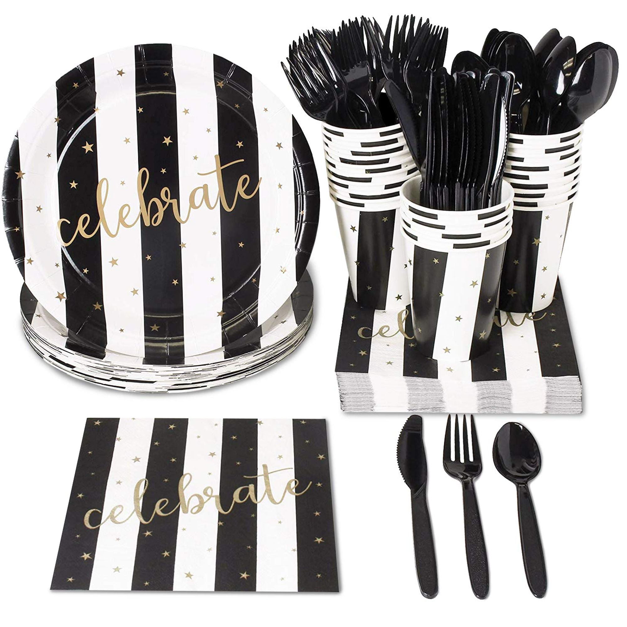 Black and Gold Party Supplies Disposable Black Party Plates Tableware Napkins Cups Cutlery Banner for Cocktail 20s Party 18th 50th 70th Birthday Graduation Plates Gold Black Paper Plates 24 Guests