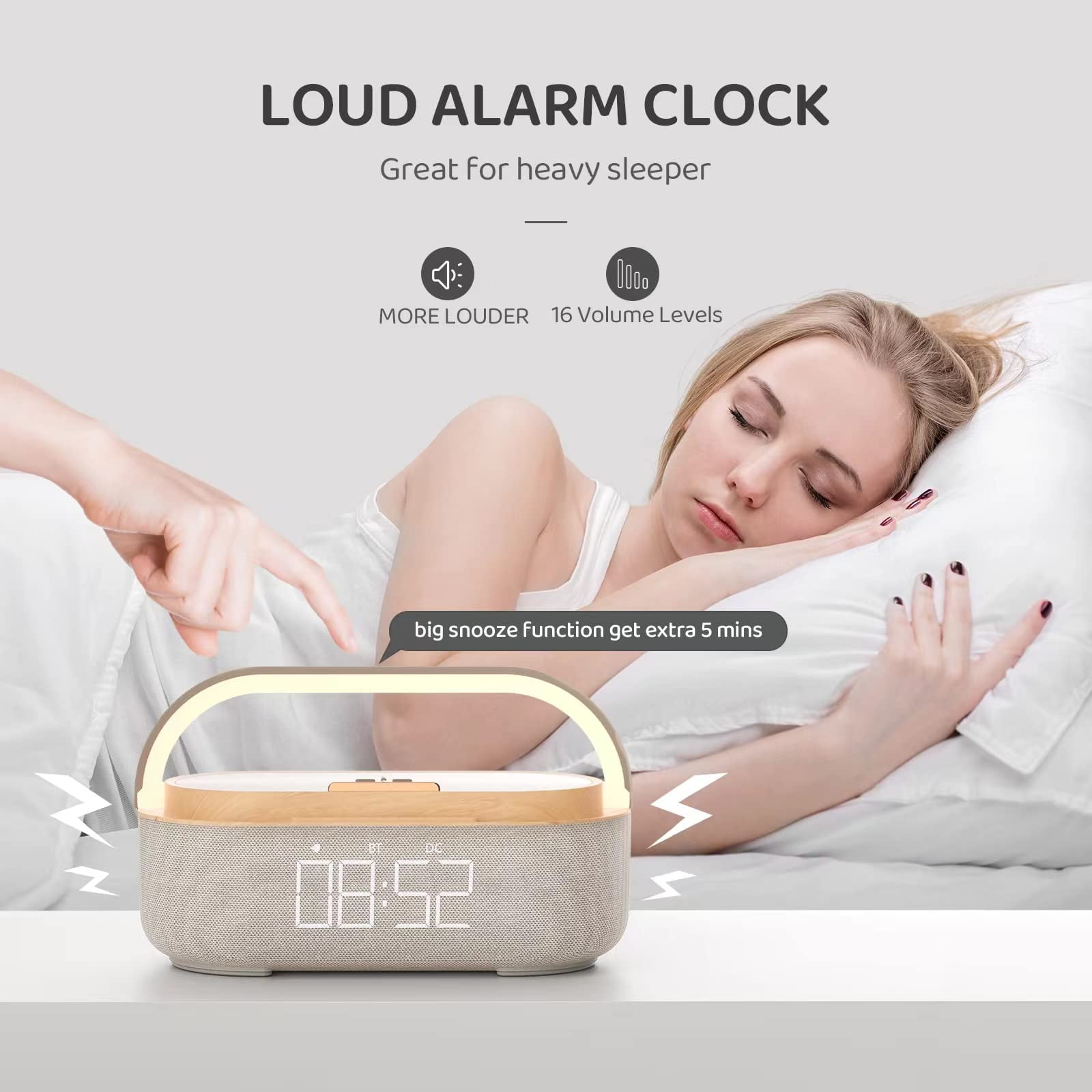 6-in-1 Wireless Charger Bluetooth Speaker with Alarm Clock, FM Radio & Night Light for iPhone Wood + 18W Adapter