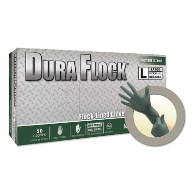 Dura Flock Dfk-608 Disposable Nitrile Gloves, 8.3 In Palm, 7.9 Fingers, Flocked Liner, X-Large, Dark Green | Bundle of 5 Boxes