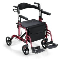 2 in 1 Folding Rollator , 4-Wheel Aluminum with Reversible Backrest, Adjustable Height & Cane/Umbrella Holder, Portable Rolling Wheelchair for Adults Seniors (Red)