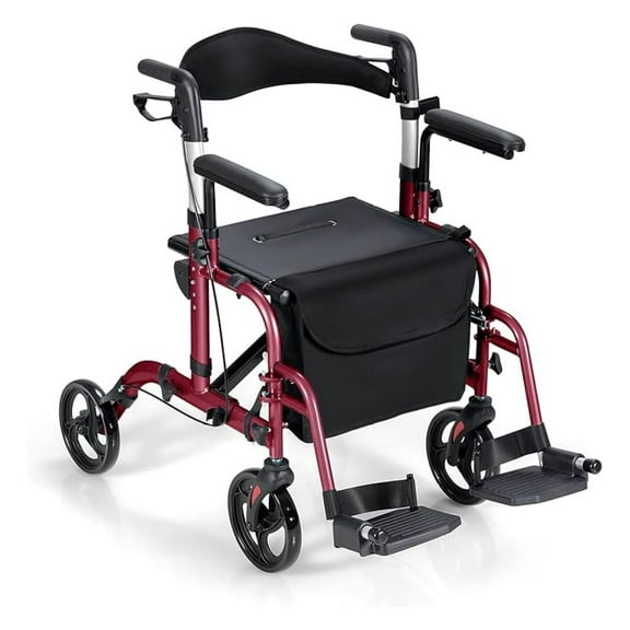 2 in 1 Folding Rollator , 4-Wheel Aluminum with Reversible Backrest, Adjustable Height & Cane/Umbrella Holder, Portable Rolling Wheelchair for Adults Seniors (Red)