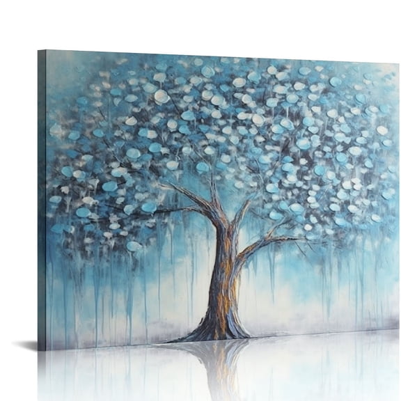 COMIO  Tree Wall Art Teal Blue Nature Tree of Life Abstract Canvas Painting Textured Picture, Modern Panoramic Landscape Artwork Framed for Living Room Bedroom Bathroom Office Home Decor