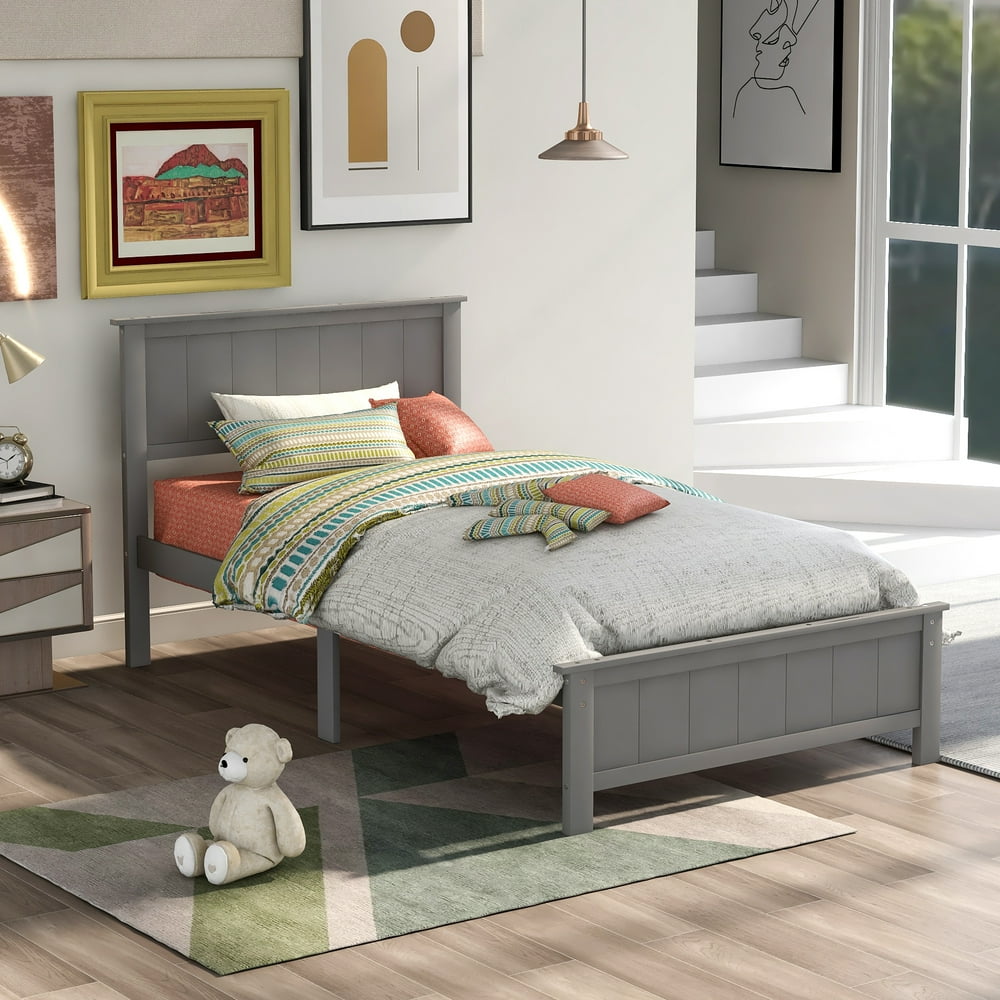 Twin Size Wooden Platform Bed with Headboard & Footboard, Gray