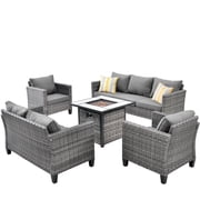 Ovios 5 Pieces Outdoor Patio Furniture with 30 Inch Fire Pit Table Wicker Patio Sectional Sofa with Single Chairs for Backyard Decor