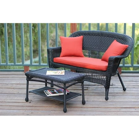 Jeco W00207-LCS018 Black Wicker Patio Love Seat And Coffee Table Set With Red Orange Cushion