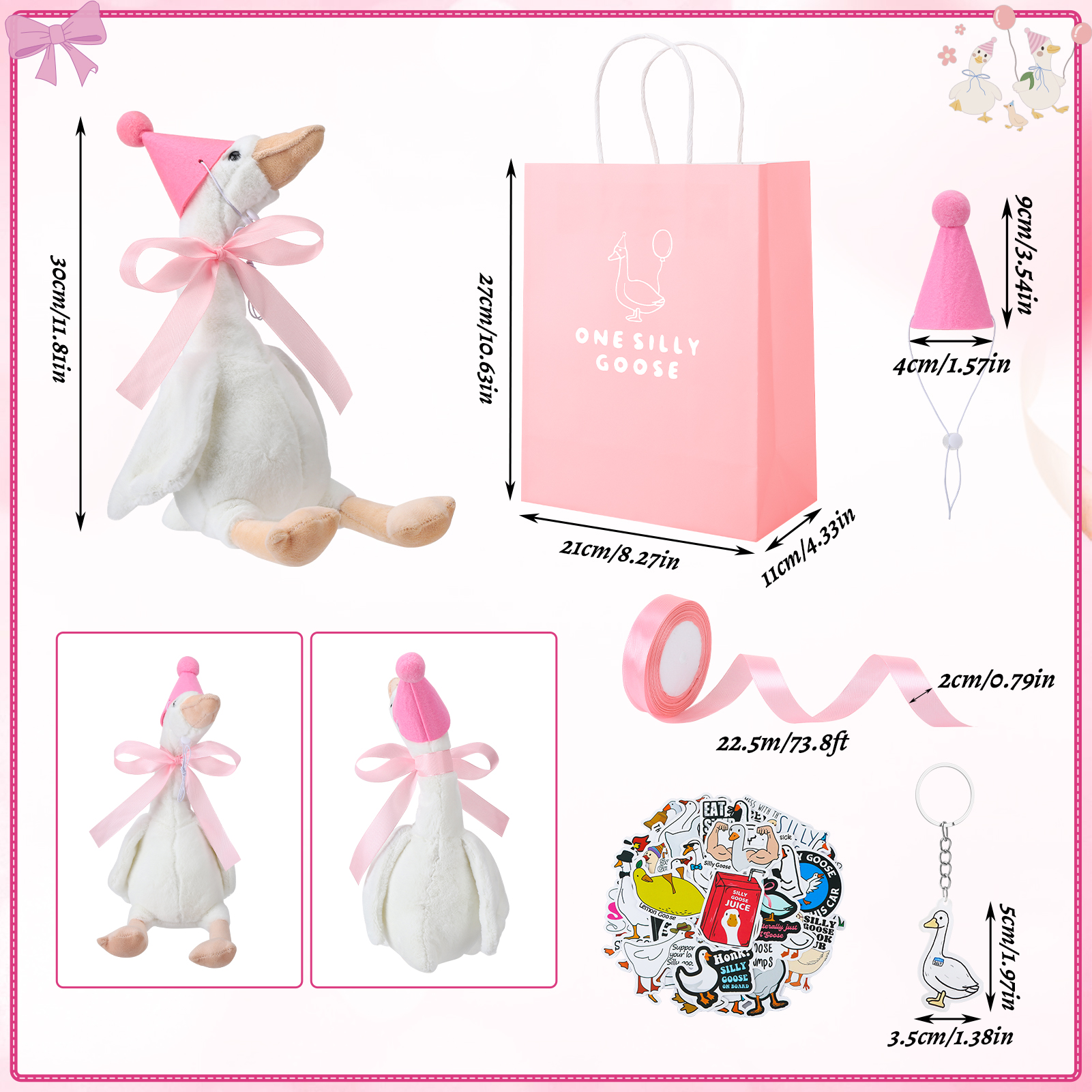 KABOER 81 Pcs Mini Goose Stuffed Animal Set, Included 8 Pcs 11.8'' Goose Plush Toys with Stickers, Keychains, Hats, Bags and Ribbons, Adopt A Pet Toys for Party Favor Supplies