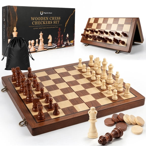 2 in 1 Magnetic Wooden Chess and Checkers Board Game Set, 15" Folding Chess Boards-2 Extra Queens-Portable Travel Chess Sets with Pieces Storage Slots, Beginner Chess Game Set for Adults(Walnut)