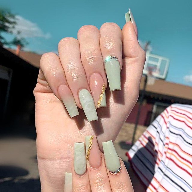 Uñas postizas largas de bailarina para ataúd, uñas postizas acrílicas de cobertura completa, uñas postizas verdes de lujo para mujeres y niñas, 24 unidades