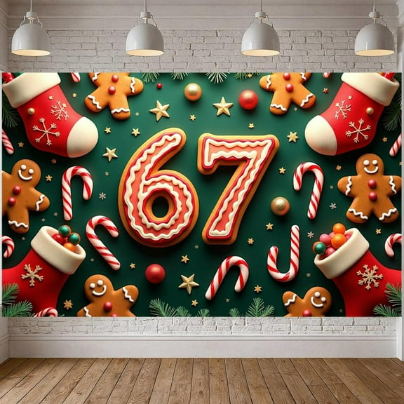 Gingerbread Design 67th Christmas Banner Candy Cane Pattern Holiday Display Snowflake Decor Number 67 Gingerbread Backdrop for Christmas Celebration 67th Anniversary Family Gathering