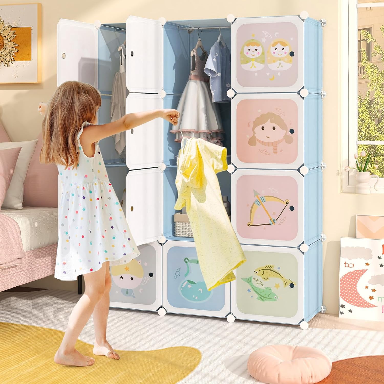 OLAKIDS Children Wardrobe, Kid Closet Portable Baby Dresser Cute for Kids Bedroom Nursery Armoire with Doors 12 Cube 2 Hanging Sections, Kid Clothes Storage Organizer