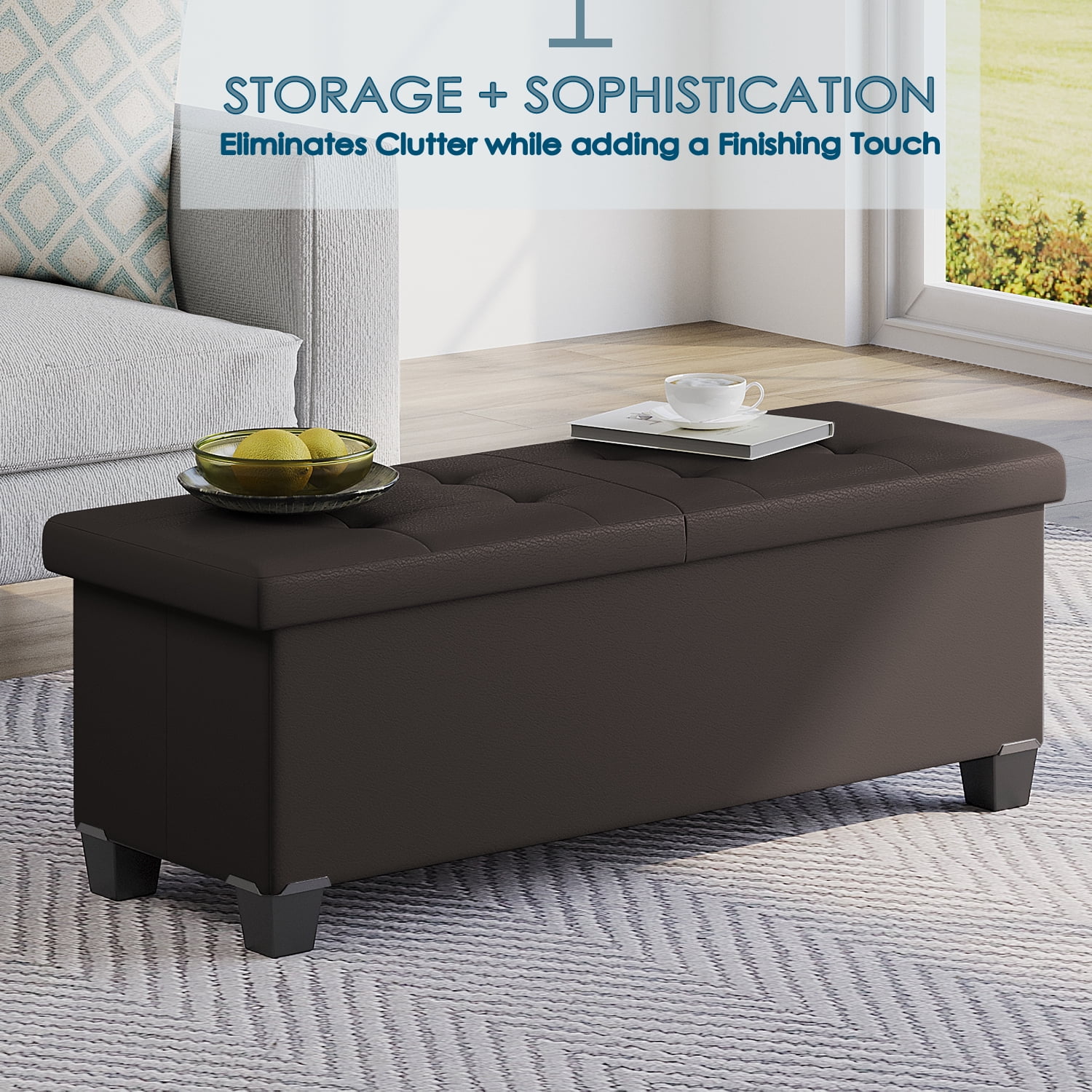StorageBud Ottoman with Storage Bench, 43-inch Storage Ottoman, Leather, Brown