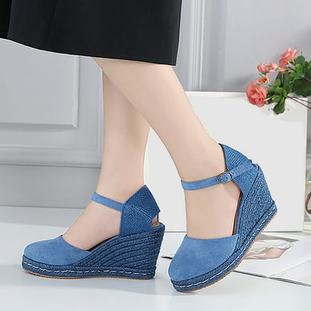 

Aayomet Platform Sandals Women Fashion Women Summer Flock Weave Wedges Breathable Buckle Strap Round Toe Sandals Comfortable Blue 8.5