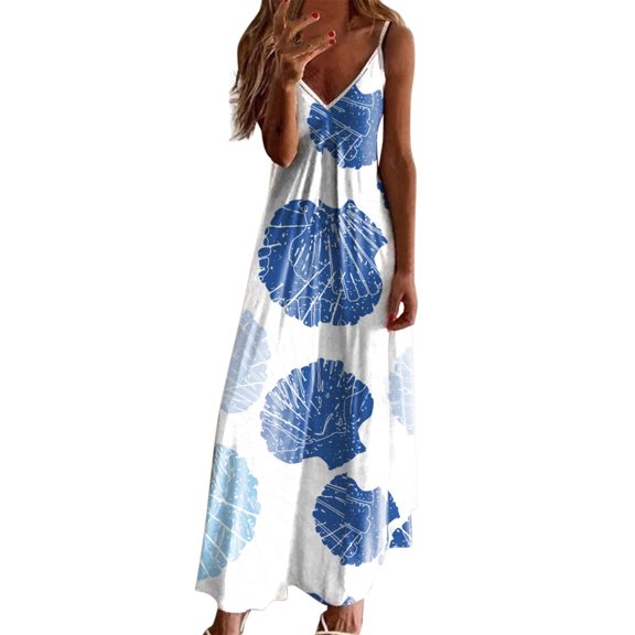 JINMGG Clearance Dresses under $10.00 Boho Summer Deep V Neck Sleeveless Maxi Dress for Women,Casual Printing Sundress Elegant Swing Long Dress White XL
