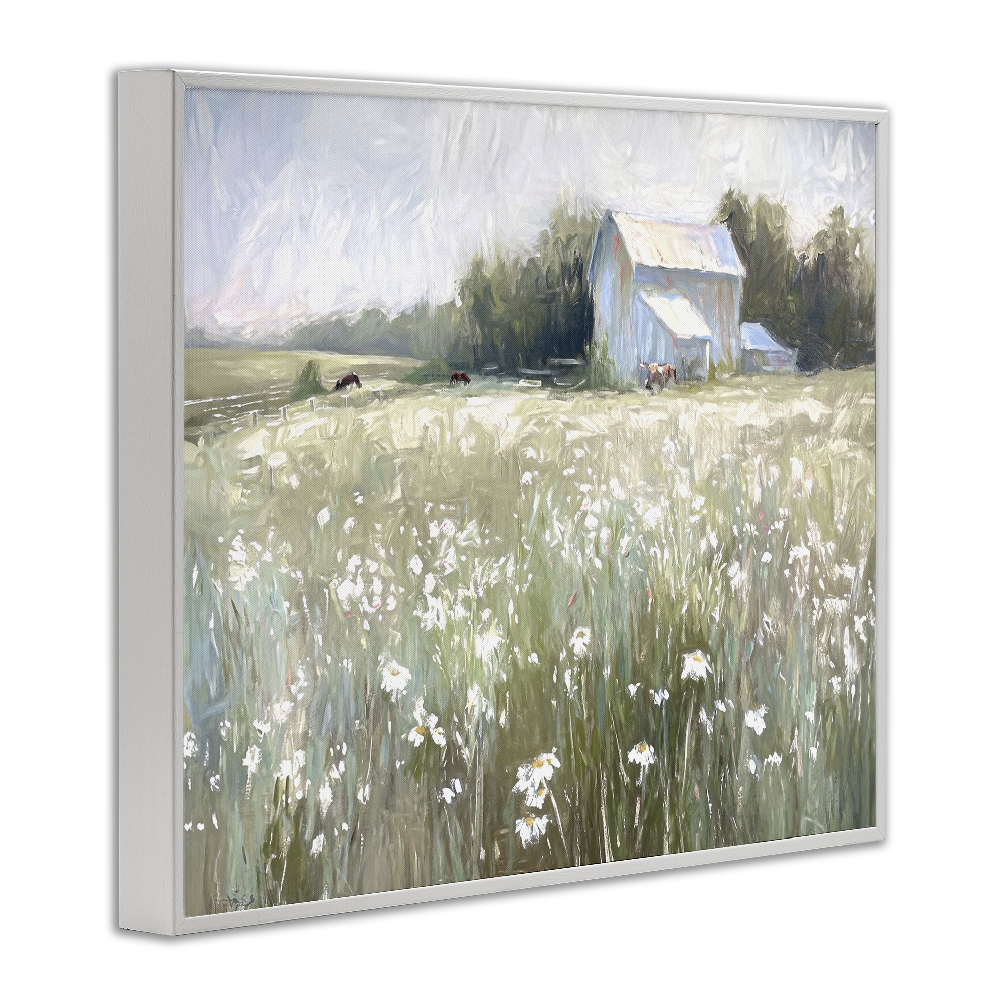 Stupell Industries Peaceful Pasture Meadow Landscape Painting White Framed Art Print Wall Art, 30 x 24