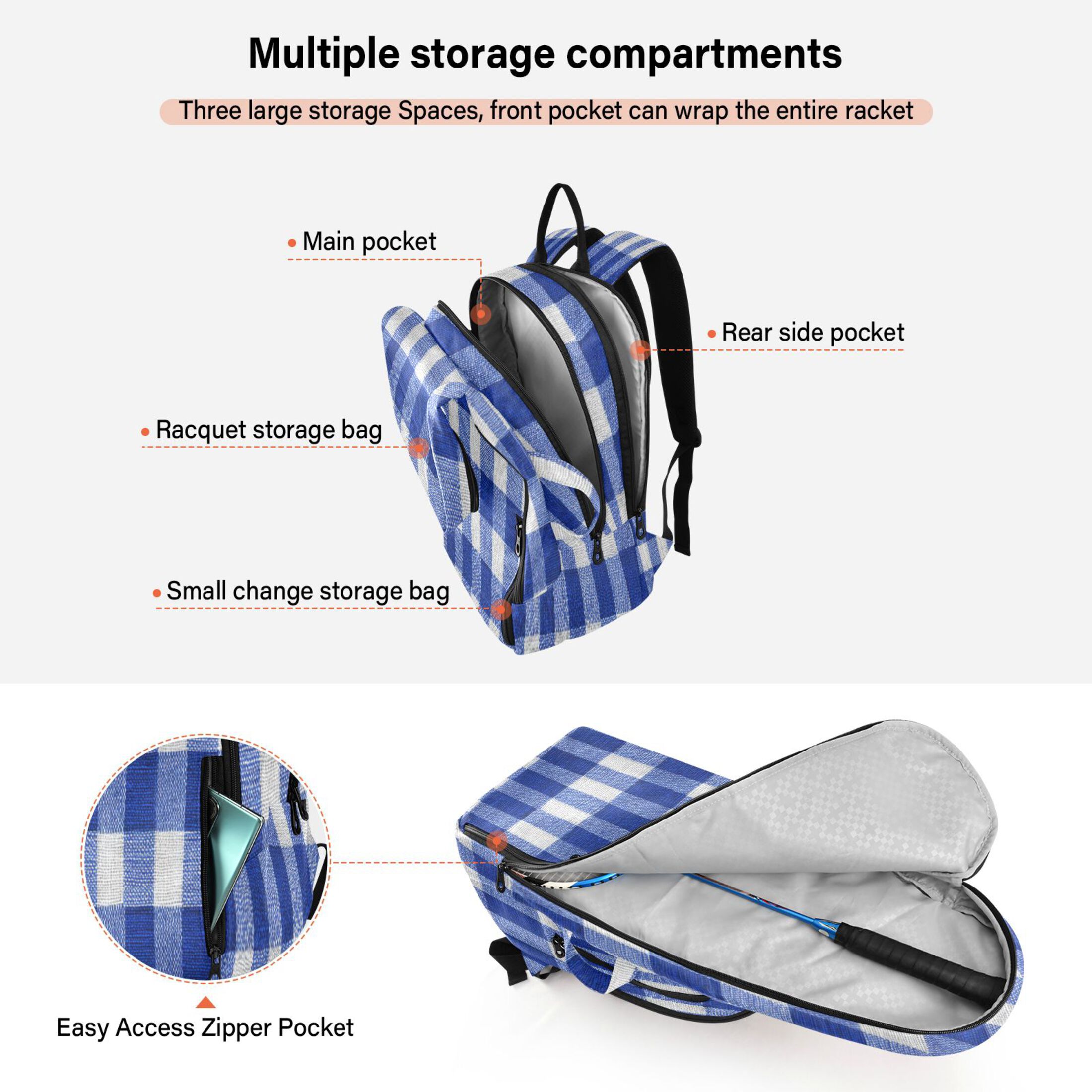 2 Racquet Holder Tennis Backpack Tennis Racket Covers Gym Bags Deep Blue Checkered