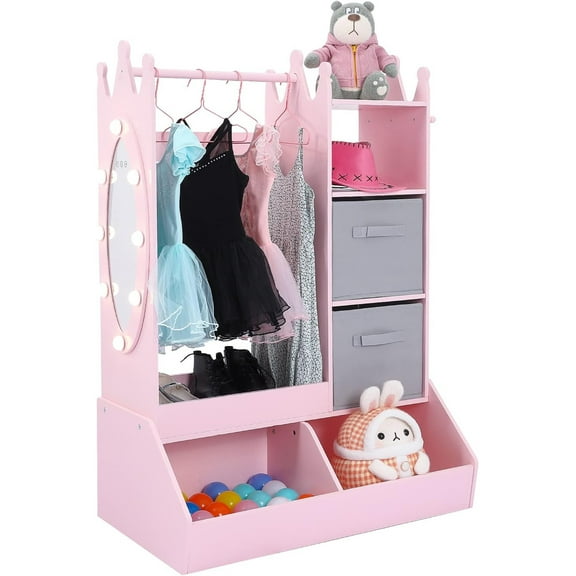 Roromall Girls' Dress up Storage with Light & Mirror, Clothing Rack with Storage Bin, Girl's Open Hanging Armoire Closet