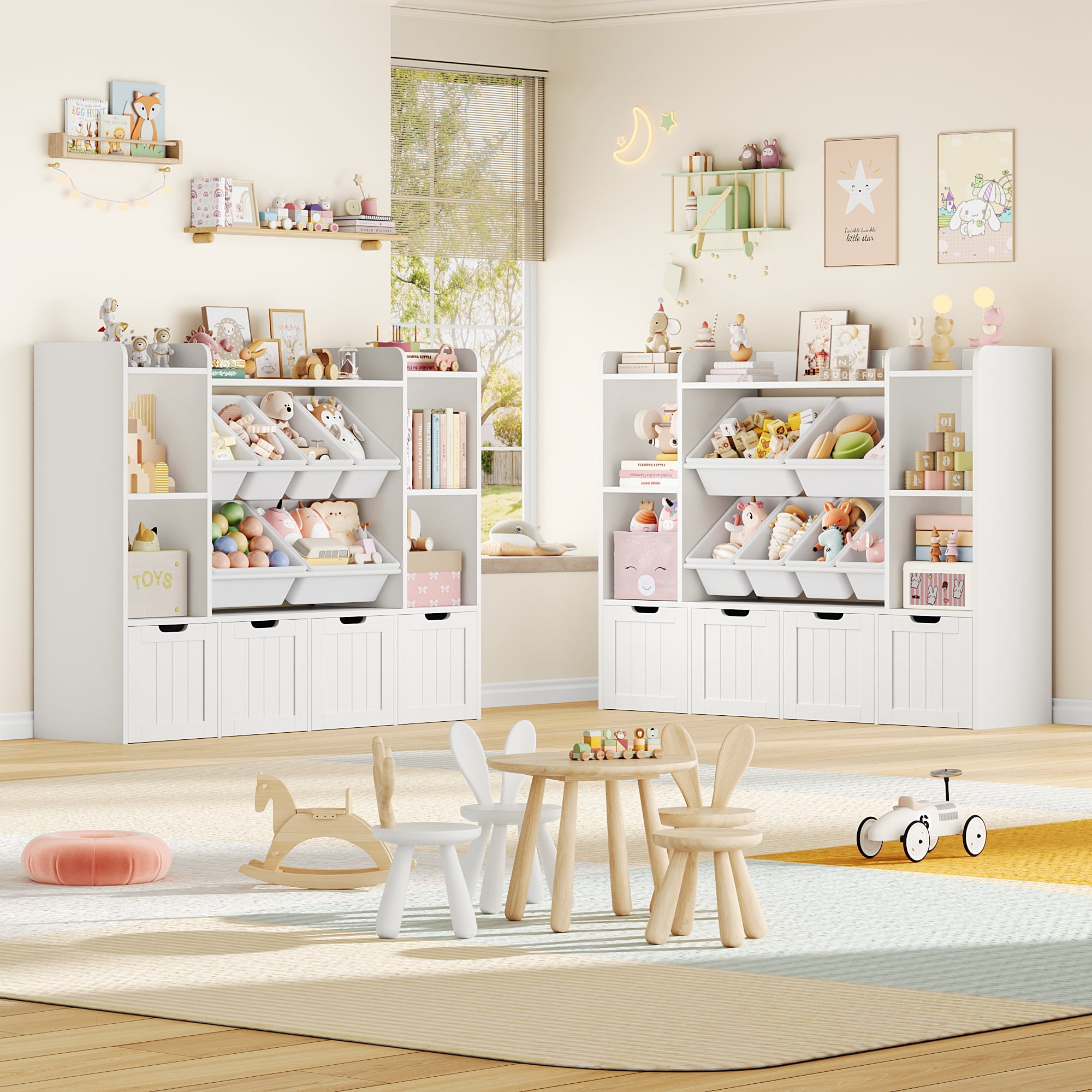 Hiphuta 3-tier 55"in Large Kids Bookcase with Toy Storage Organizer, Wood Toy Organizer of 6 Boxes & 4 Removable Drawers, White