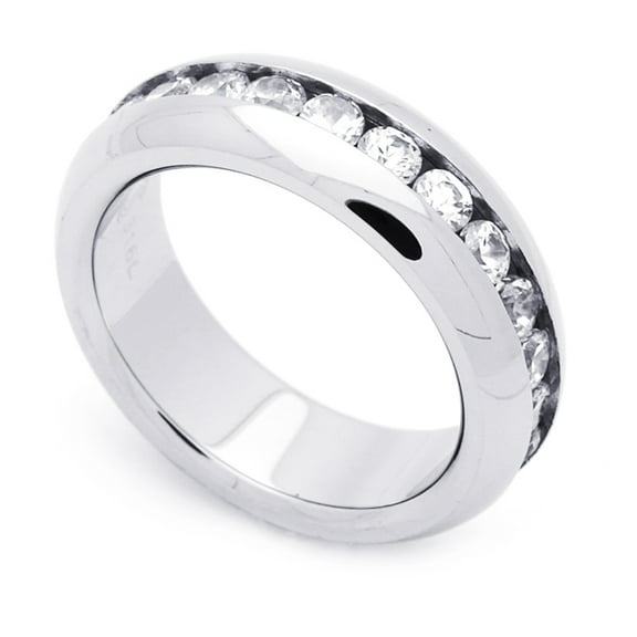 7MM Comfort Fit Stainless Steel Wedding Band Channel Set CZ Wedding Ring Eternity Band (Size 7 to 14.5)