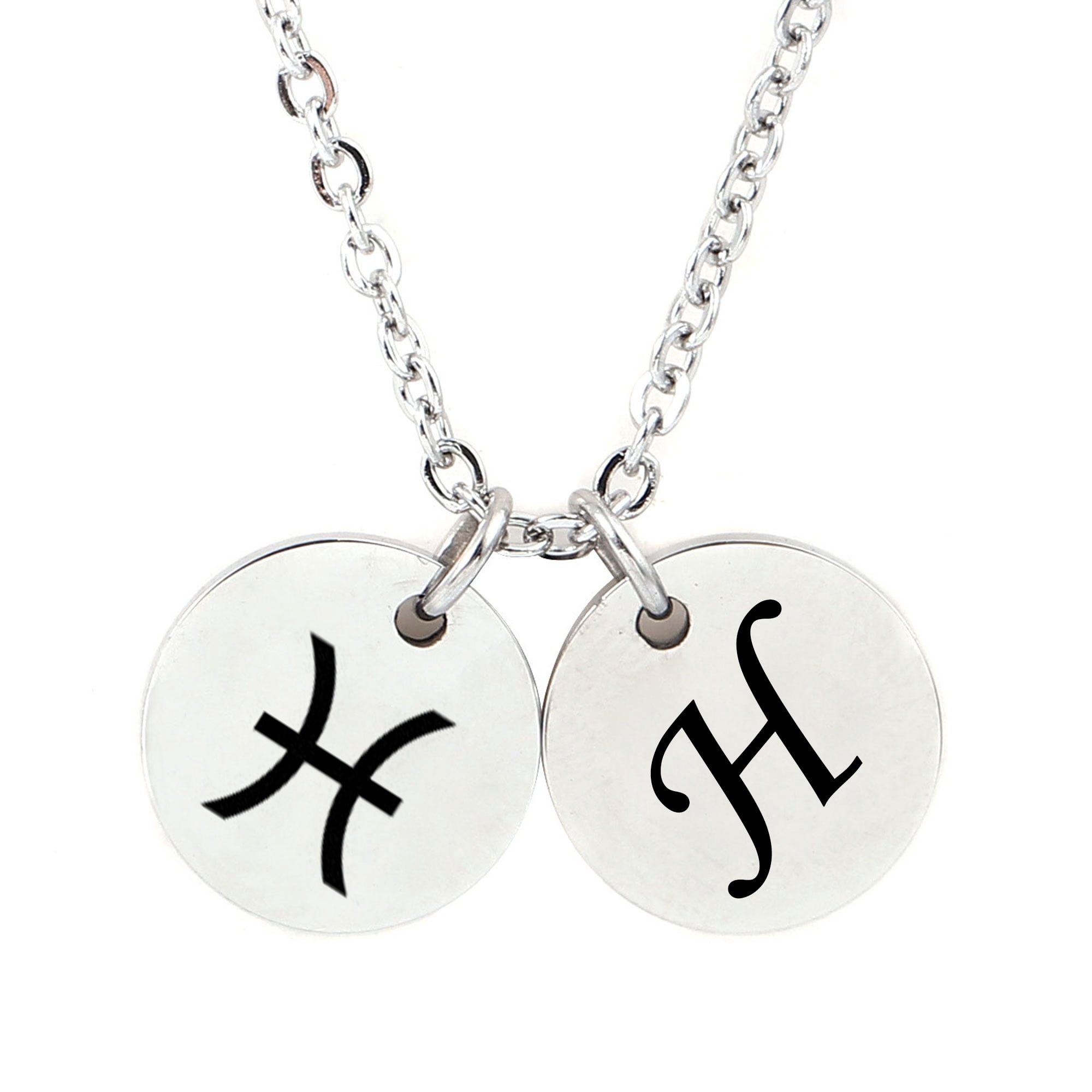 Personalized Round Constellation Initial Necklace - Engraved Zodiac Symbol Jewelry - Christmas Gift for Her - Stainless Steel - 18" Chain - Silver Pisces