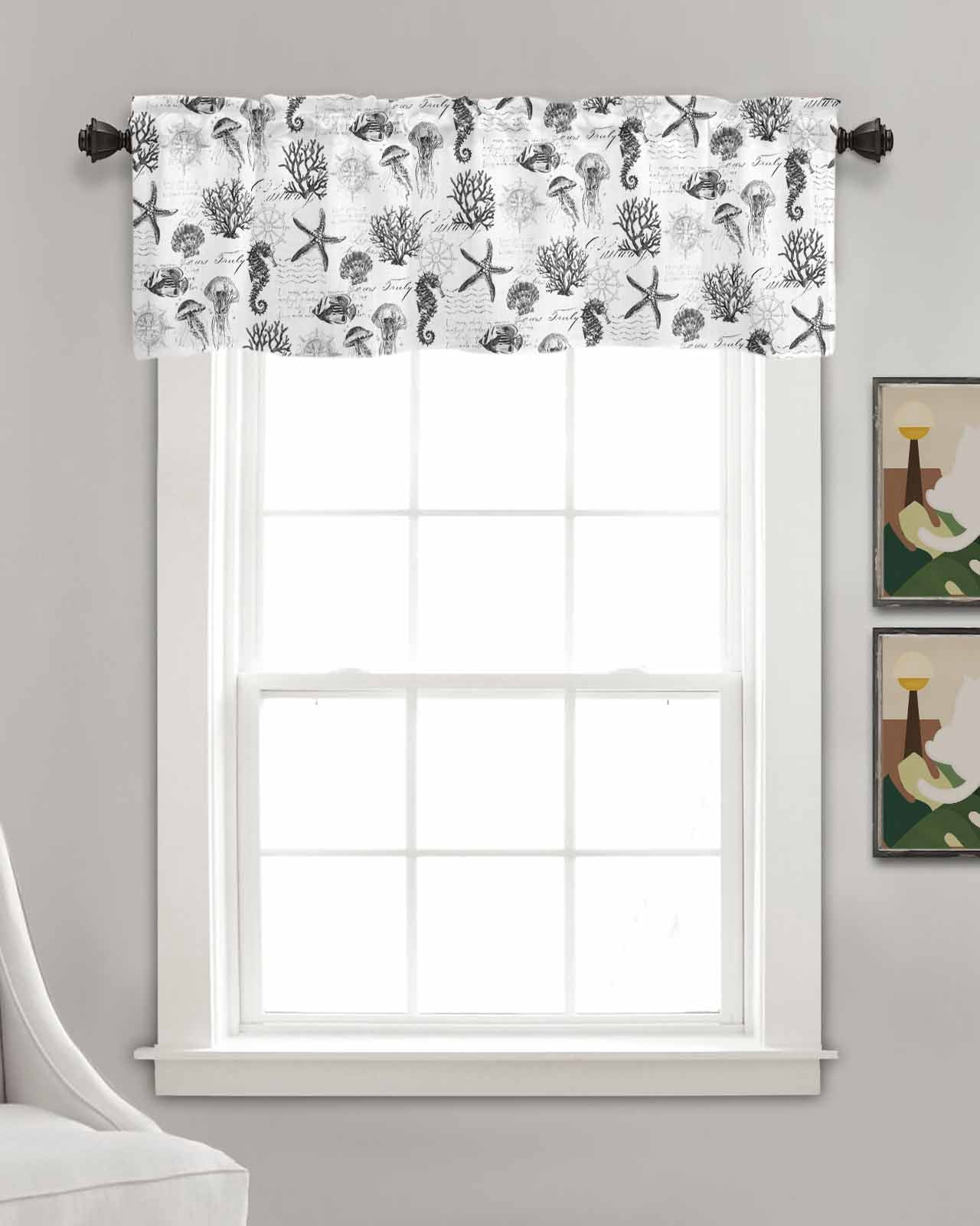 Gray Coastal Kitchen Valances for Windows Farmhouse Linen Window Valance Curtain for Living Room Window Treatment Retro Nautical Starfish Coral Jellyfish Valance Rod Pocket Topper Drape, 42 x 18 Inch