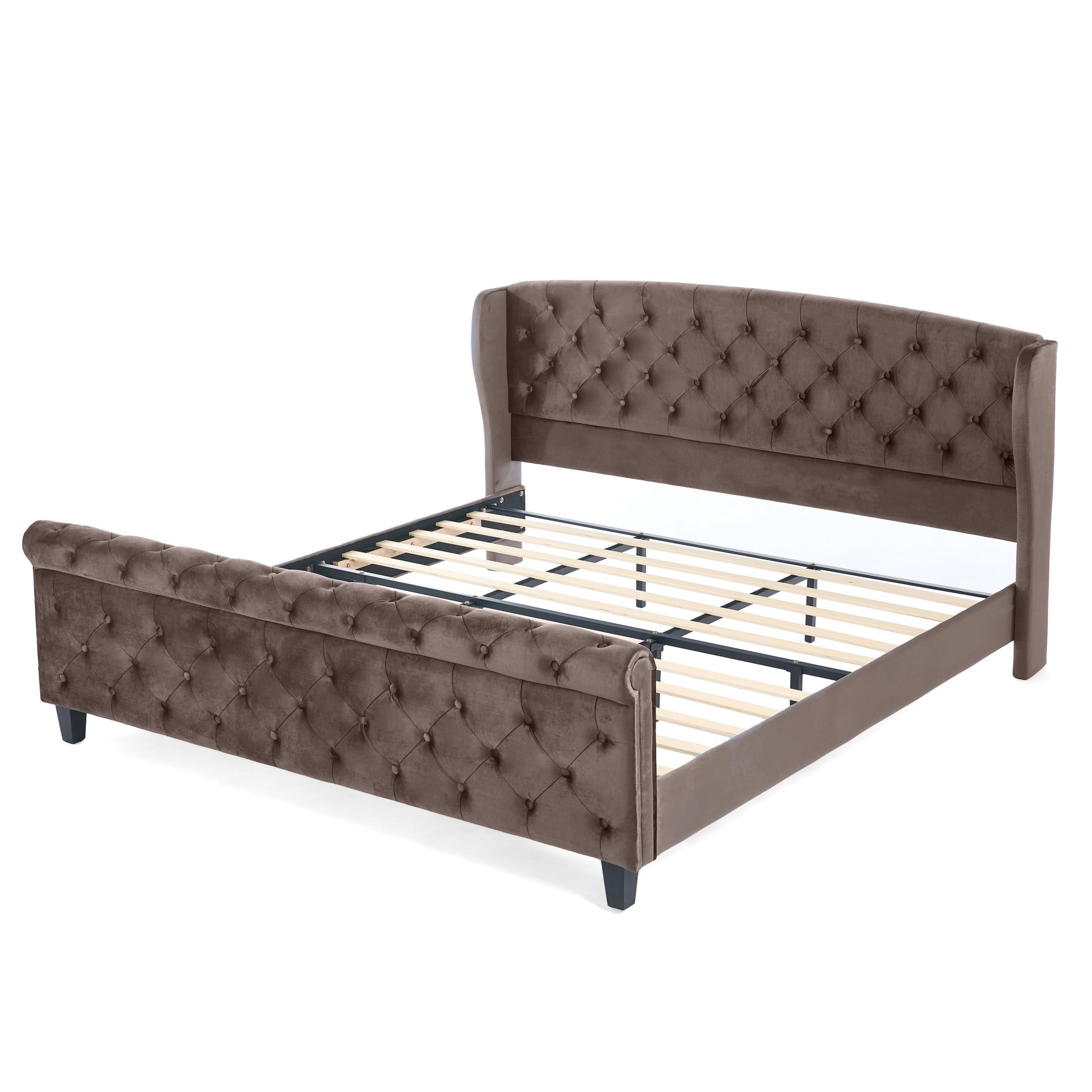 Christopher Knight Home Velvet Upholstered King Bed Frame with Wingback Headboard & Scroll Footboard, Brown